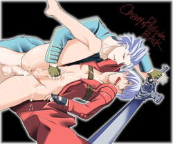 2boys anal blue_eyes bottomless brother brothers capcom censored cry cum cum_in_ass cum_on_body cum_on_chest cum_on_self cum_on_upper_body cum_while_crying cum_while_penetrated dante devil_may_cry devil_may_cry_3 fingerless_gloves gay gloves handjob human incest leg_lift leg_up male male_only malesub masturbation one_leg_up open_mouth orgasm penis sex siblings sword twins vergil weapon white_hair yaoi