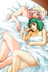 2girls after_sex aftersex arm arms artist_request ass bare_legs bare_shoulders bed bed_sheet blonde_hair blue_eyes breasts cleavage collarbone covering female friends green_hair happy indoors inside legs long_hair looking_at_another looking_at_viewer love lying macross macross_frontier multicolored_hair multiple_girls mutual_yuri naked_sheet neck nude nude_cover on_back on_side open_mouth pink_hair ranka_lee red_eyes romantic room sheryl_nome shiny shiny_skin short_hair smile sparkle sunlight two_tone_hair under_covers yuri