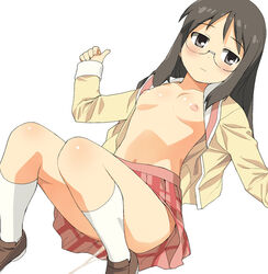 a1 after_sex black_eyes black_hair blush cum cum_string female flat_chest gesture glasses kneehighs loafers long_hair minakami_mai nichijou nipples no_bra open_clothes plaid school_uniform shoes simple_background skirt solo tartan thumbs_up white_legwear