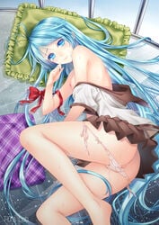 1girls ahoge ass bare_shoulders barefoot blue_eyes blue_hair bow breasts denpa_onna_to_seishun_otoko feet female long_hair lying nipples no_bra no_pants on_side panties panties_around_leg panties_around_one_leg panty_pull pillow pink_panties pussy side-tie_panties skirt solo sweat tears tidsean touwa_erio uncensored underwear very_long_hair