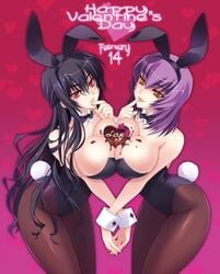 2girls animal_ears bare_shoulders beatrix_brehme black_hair bowtie breast_press breasts bunny_costume bunny_ears bunny_girl bunny_tail bunnygirl bunnysuit carnelian chocolate detached_collar female heart huge_breasts kouzuki_yuuko large_breasts legs licking long_hair looking_at_viewer multiple_girls muv-luv naughty_face pantyhose purple_hair red_eyes schwarzesmarken short_hair smile symmetrical_docking thighs tongue valentine very_long_hair wrist_cuffs yellow_eyes yuri