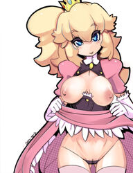 1girls areolae blonde_hair blue_eyes breastless_clothes breastless_clothing breasts breasts_out cameltoe center_opening clitoris_slip crown dress dress_lift elbow_gloves female female_only gloves head_tilt human large_areolae lifted_by_self looking_at_viewer mario_(series) mound_of_venus nintendo nipples princess princess_peach pubic_hair pussy pussy_peek see-through sho-n-d simple_background skindentation smile solo thighhighs tongue uncensored white_background