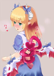 alice_(mamono_girl_lover) alice_(monster_girl_encyclopedia) blonde_hair blue_eyes blush censored dress horns k20 magic_penis mamono_girl_lover monster_girl monster_girl_encyclopedia monster_girl_enyclopedia monster_girl_profile penis succubus tail tailjob