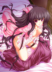 bed belt black_hair breasts brown_hair female frills from_above kaguya_houraisan kneeling long_hair looking_at_viewer nipples no_bra no_panties open_clothes panties purple_eyes shiraki_kyousuke side-tie_panties skirt skirt_pull solo touhou underwear very_long_hair yellow_panties