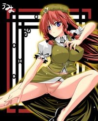 bare_legs blue_eyes blush bow braid breasts censored chinese_clothes covered_nipples erect_nipples female fighting_stance hairbow highres hong_meiling impossible_clothes impossible_clothing large_breasts legs lkakeu long_hair looking_at_viewer no_panties pointless_censoring pussy red_hair side_slit solo thighs touhou twin_braids umyonge_(lkakeu) very_long_hair