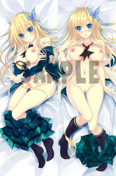 :o ascot black_legwear blonde_hair blue_eyes blush boku_wa_tomodachi_ga_sukunai bra breast_hold breasts breasts_out butterfly butterfly_hair_ornament dakimakura female hair_ornament human kneehighs lingerie long_hair looking_at_viewer lying multiple_views navel nipples on_back open_clothes open_shirt panties panties_around_leg panties_around_one_leg panty_pull pussy sample school_uniform sena_kashiwazaki shirt skirt skirt_around_one_leg solo uncensored underwear yellow_bra yellow_panties yudesoba