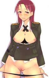 1girls blush bra bra_pull breasts breasts_out clothing earrings em em_(totsuzen_no_hakike) female jewelry large_breasts lingerie military military_uniform minna-dietlinde_wilcke nipples nude panties panty_pull pussy red_eyes red_hair simple_background solo strike_witches sweatdrop uncensored underwear uniform