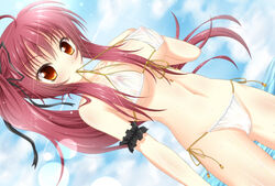 akane_miu bikini blush breasts cameltoe cleavage dutch_angle erect_nipples hair_ribbon highres long_hair mouth_hold nipples orange_eyes original pussy red_hair ribbon see-through side-tie_bikini sky swimsuit water wet