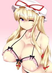 absurdres arms_behind_back bare_shoulders blonde_hair blush breastless_clothes breastless_clothing breasts cleavage erect_nipples female hat highres huge_breasts long_hair md5_mismatch mikage_kirino nippleless_clothes nippleless_clothing nipples one_eye_closed purple_eyes simple_background solo touhou underwear underwear_only wink yukari_yakumo