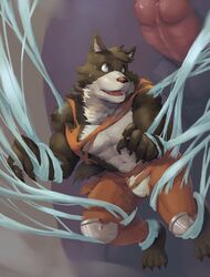 2016 anthro biceps blue_eyes canine claws clothed clothing fangs frenulum hi_res inner_ear_fluff kemono male male_only mammal muscular muscular_male open_mouth paws pecs penis simple_background taki_kaze