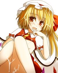 after_sex after_sex asymmetrical_hair blonde_hair blush cum female flandre_scarlet hat lying mashayuki on_back red_eyes shirt_lift side_ponytail solo the_embodiment_of_scarlet_devil touhou wet wings