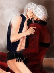 2boys anal bottomless capcom cry_yaoi_dantexvergil_fuck dante devil_may_cry embrace gay human human_only incest kissing lotus_position male male/male male_on_male male_only missionary_position open_clothes open_shirt sex siblings sitting twins vergil white_hair yaoi