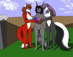 2017 3girls anthro artist_initials big_breasts black_hair body_fur bodypaint breasts brown_hair canine dipstick_tail eyewear female female_only fence fluffy_tail fox glasses grey_fur group long_hair mammal multicolored_fur multicolored_tail multiple_girls navel nipples nude open_mouth open_smile outside purple_hair pussy raccoon red_fur ringed_tail sailoranna shaved_crotch skunk smile standing tina_(sailoranna) tracy_(sailoranna) two_tone_fur vagina violet_(sailoranna) white_countershading white_fur yuri