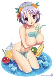 1girls banana bare_shoulders barefoot between_breasts bird blush breast_hold breasts bust_cup cherry cherry_blossoms cleavage copyright_request cream drinking_straw female flower food fruit hair_flower hair_ornament hairband heart heart_of_string highres ice_cube kiwifruit koutaro large_breasts navel nipples nude open_mouth orange oversized_object pineapple purple_eyes purple_hair short_hair sitting solo straw sweat sweatdrop topless wakamezake water