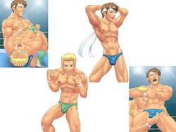 2boys abs artist_request blonde_hair blue_eyes brown_hair bulge chest grin groping hair_grab handjob headband male multiple_boys multiple_views muscle nipples panties panties_aside pecs penis smile sport sports underwear wrestler wrestling wristband yaoi