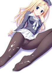 1girls blonde_hair blue_eyes blush crotch_seam cum cum_on_clothes feet female female_only frenda_seivelun hat long_hair lying panties panties_under_pantyhose pantyhose skirt solo to_aru_kagaku_no_railgun to_aru_majutsu_no_index underwear yuurei_yashiki