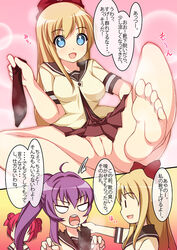 3girls ahen akari_akaza akaza_akari ayano_sugiura barefoot blonde_hair blue_eyes bow clothing feet footwear hairbow kyouko_toshinou long_hair multiple_girls no_panties panties pov_feet purple_hair pussy red_hair school_uniform smell smelly_feet sock_pull socks soles steam sugiura_ayano text toes toshinou_kyouko translated translation_request uncensored underwear white_panties yuru_yuri yuruyuri