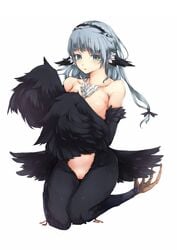 1girls animal_ears bare_shoulders blue_eyes blue_hair breasts collarbone feathers female harpy headdress highres kneehighs monster_girl open_mouth original pussy simple_background solo talons uncensored wings zhu_fun