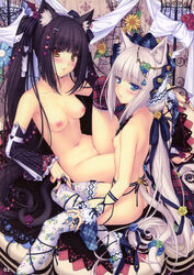 absurdres animal_ears bangs black_hair blue_eyes blunt_bangs blush breasts cat_ears cat_tail chocola_(sayori) detached_sleeves duo feet female floral_print flower high_heels highres long_hair looking_at_viewer looking_back multiple_girls nail_polish naked_footwear naked_heels naked_stockings naked_thighhighs navel nipples nude open_shoes original plaid print_legwear pussy_peek sample sayori sitting stockings tail thighhighs toenail_polish toes vanilla_(sayori) very_long_hair white_hair