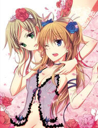 2girls bare_shoulders blue_eyes breasts brown_hair choker erect_nipples eyelashes female flower green_eyes hair_flower hair_ornament highres houjou_hibiki isya lingerie long_hair md5_mismatch minamino_kanade mound_of_venus multiple_girls navel negligee nipples no_panties one_eye_closed open_clothes open_mouth precure pretty_cure see-through small_breasts suite_precure tied_hair twintails two_side_up underwear wink yuri