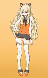 animal_ears bare_shoulders blonde_hair blue_eyes cat_ears color female female_only flat_chest gradient_background highres long_hair orange_background seeu skirt solo vocaloid white_legwear