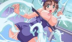 animated blush breast breasts brown_hair censored clothing erect_nipples female green_eyes henshin_3 long_hair one-piece_swimsuit open_mouth partially_submerged penetration pool restrained sex swimsuit tentacle tentacles_under_clothes water water_tentacle waterbending