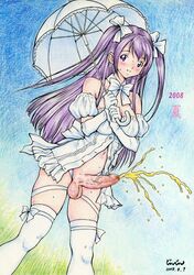 2008 blush censored dickgirl erection foreskin futanari hair intersex jinjin long_hair peeing penis purple_eyes purple_hair simple_background testicles tied_hair twintails umbrella veins