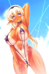 1girls areola_slip areolae arm_up blonde_hair breasts covered_nipples dark_skin erect_nipples female highres ishida_hiroyuki large_breasts nipples o-ring_top original pointy_ears pose puffy_nipples purple_eyes see-through sling_bikini solo swimsuit tan tanline