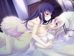 1girls ambiguous_gender bed black_hair blonde_hair blush breasts camisole eye_contact female foreplay game_cg hand_holding highres holding_hands imminent_sex looking_at_another lying mephisto_(artist) nipples nopan open_clothes open_mouth open_shirt room shy smile strap_slip sweat tenshi_no_hane_wo_fumanaide