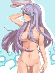 animal_ears bare_shoulders bunny_ears censor_hair censored convenient_censoring female fur hair_censor hair_over_breasts long_hair navel nude pappappao purple_hair pussy reisen_udongein_inaba simple_background solo touhou uncensored