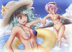 :o ao_usagi beach bikini blush breasts female green_hair grey_eyes hand_holding hat heart holding_hands innertube koishi_komeiji multiple_girls nipples open_mouth purple_eyes purple_hair satori_komeiji siblings sisters sling_bikini straw_hat swimsuit touhou water