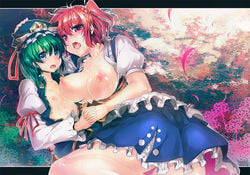 ajishio breasts eiki_shiki female flower green_hair hair_bobbles hair_ornament hand_holding hands_clasped hat holding_hands interlocked_fingers komachi_onozuka large_breasts multiple_girls nipples open_clothes open_mouth open_shirt red_eyes red_hair shirt short_hair spider_lily tied_hair touhou twintails yuri