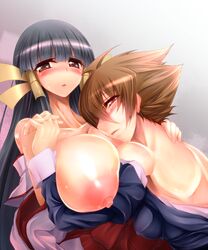 2girls aq_interactive arcana_heart arcana_heart_2 areolae atlus back bare_shoulders black_hair blush breasts brown_eyes brown_hair collarbone elsa_la_conti erect_nipples examu female hair_ribbon hand_holding holding_hands huge_breasts kasuga_maori large_areolae long_hair mae_(nahabaru) multiple_girls nipples no_bra off_shoulder red_eyes ribbon short_hair simple_background very_long_hair yuri