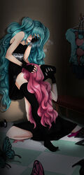 aqua_hair black_dress black_legwear bra butterfly clothes_hanger cunnilingus dress drool drooling female fingerless_gloves fingernails gloves green_hair hand_on_head hand_on_own_face hatsune_miku highres long_hair magnet_(vocaloid) megurine_luka multiple_girls nail_polish oral pink_hair saliva standing_on_one_leg standing_yuri thighhighs tied_hair twintails underwear very_long_hair vocaloid y8ay8a yaya_(y8ay8a) yuri