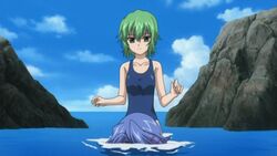 accidental_exposure angry animated artist_request assisted_exposure blue_hair blush breasts embarrassed enf green_hair hattori_junko ichiban_ushiro_no_daimaou korone navel nipples short_hair surprised swimsuit topless wardrobe_malfunction water