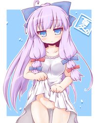 blue_eyes blush bow dress dress_lift female hair_ribbon hairbow highres long_hair looking_at_viewer neko_yume no_panties patchouli_knowledge purple_hair pussy ribbon solo sweat text touhou translated translation_request uncensored