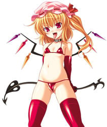 :p arms_behind_back bare_shoulders bikini blonde_hair blush cameltoe collar collarbone elbow_gloves female flandre_scarlet flat_chest g-string gloves hat labia laevatein micro_bikini navel open_mouth panties partially_visible_vulva pussy red_eyes red_legwear side_ponytail simple_background solo soukai_(lemonmaiden) swimsuit the_embodiment_of_scarlet_devil thighhighs thong tongue tongue_out touhou underwear wings