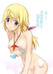 blonde_hair blush breasts charlotte_dunois female female_only hair_ribbon human infinite_stratos jewelry long_hair necklace nipples nude ponytail pubic_hair purple_eyes pussy ribbon robina soap_bubbles solo suds tied_hair uncensored