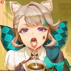 1girls ai_generated blue_eyes clothed coffee coffee_cup cum cum_in_coffee cum_in_cup cum_in_mouth cum_on_tongue dripping_cum female female_only genshin_impact hoyoverse leaking_cum looking_at_viewer lucakp lynette_(genshin_impact) mihoyo open_mouth patreon patreon_link patreon_logo patreon_url patreon_username silver_hair simple_background star_tattoo tagme tattoo tongue