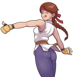 1girls ass braid braided_ponytail brown_eyes brown_hair female female_focus fumphole gloves karate_gi king_of_fighters leggings light-skinned_female light_skin long_hair looking_at_viewer looking_back medium_breasts one_eye_closed pants smile spandex standing thick_thighs thighs tight_pants tongue tongue_out wink yoga_pants yuri_sakazaki