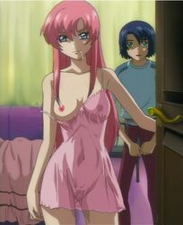 athrun_zala blue_eyes cap female gundam gundam_seed gundam_seed_destiny lingerie meer_campbell no_panties photoshop pink_hair screencap see-through uncensored underwear