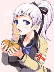 1girls banana blue_eyes breasts chousokabe_ichiko cleavage condom cum female food fruit heart holding holding_fruit muchigaku orange original penis ponytail saliva school_uniform sexually_suggestive solo suggestive_fluid tangerines thick_eyebrows tied_hair tongue torigoe_takumi white_hair