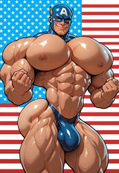 abs ai_generated american_flag ass ass_focus bara belt biceps big_ass big_biceps big_butt big_pecs bikini_bottom bodybuilder boots bubble_ass bubble_butt bulge bulging_biceps butt_focus captain_america fist fists_clenched focus_on_chest helmet himbo huge_breasts huge_chest looking_at_viewer male male_focus male_only man_boobs marvel marvel_cinematic_universe marvel_comics mask massive_pecs muscle_ass muscles muscular_arms muscular_chest muscular_legs muscular_male muscular_thighs obliques patriotic_clothing pectorals posing presenting_body revealing_clothes shield showing_ass showing_off solo solo_focus solo_male steve_rogers superhero thong tight_clothing tight_underwear underwear underwear_only