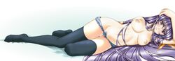 arieta_lyuis breasts female growlanser growlanser_ii highres long_hair navel nipples nude panties pubic_hair purple_eyes purple_hair ribbon solo thighhighs unshaved_pussy urushihara_satoshi very_long_hair wide_image