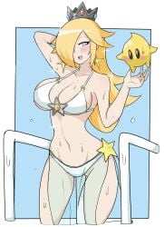 1girls blonde blonde_female blonde_hair blonde_hair_female blue_eyes blue_eyes_female earrings female hair_between_eyes hourglass_figure mario_(series) navel one_arm_up open_mouth princess princess_rosalina super_mario_bros. thick_thighs thighs white-stew woman