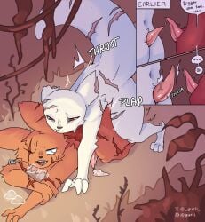 albino anal anal_sex bodily_fluids breath comparing dialogue duo eye_scar facial_scar feral from_behind_position fur genital_fluids gurli hi_res hunter_(rain_world) leaking_precum looking_back male male/male missing_ear navel panting penetration precum rain_world scar scars_all_over sex slit_penis slugcat smug_face survivor_(rain_world) sweat thrusting videocult