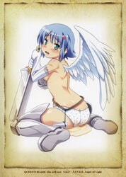 absurdres angel ass blue_hair chibi female green_eyes highres nanael no_bra panties peeing peeing_self queen's_blade screening short_hair sitting solo straight_hair sword thighhighs topless underwear weapon wings young