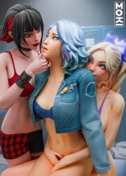 3d 3girls bare_shoulders black_eyeshadow black_nail_polish black_nails blonde_female blonde_hair blonde_hair_female blue_bra blue_eyes blue_hair bottomless bottomless_female bra bracelet breasts choker ear_piercing epic_games eyeshadow female female_only fortnite fortnite:_battle_royale freckles freckles_on_face hair_ornament haylee_skye_(fortnite) jacket jacket_open light-skinned_female light_skin lightrider_(fortnite) lipstick locker_room looking_at_another looking_at_partner makeup mokinawa morgan_myst_(fortnite) multicolored_hair nail_polish neckwear open_clothes open_jacket painted_nails piercing pink_lipstick pink_nail_polish pink_nails ponytail purple_eyes red_bra red_lipstick ring_(jewelry) shaved_crotch shirtless shirtless_female short_hair shorts sitting standing yuri
