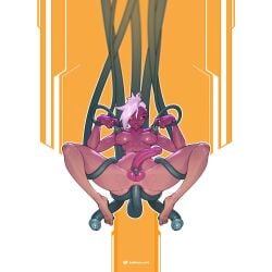 anal android breast_sucking breasts cock_ring commentary consensual_tentacles dark_skin female full_body futa_without_pussy futanari highres large_breasts large_penis mechanical_tentacles original penis sex_toy short_hair spiked_hair symbol-only_commentary tailbox tentacle white_hair wide_hips yellow_eyes