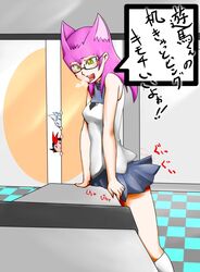 alternate_hair_color animal_ears blush cathy_(yu-gi-oh!_zexal) caught_masturbating crotch_rub desk female glasses rubbing school_uniform smile speech_bubble table_humping text translation_request yu-gi-oh! yu-gi-oh!_zexal